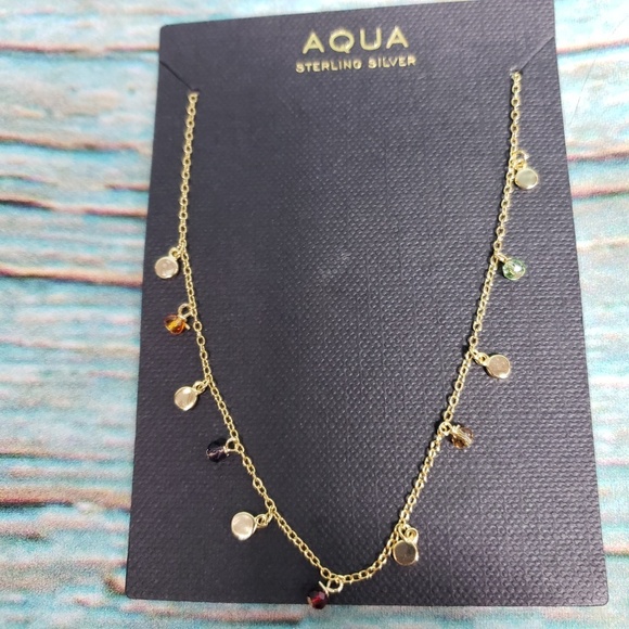 AQUA Crystal Drop Gold Statement Necklace Rainbow Fringe Colored Stones NWT - Picture 3 of 4